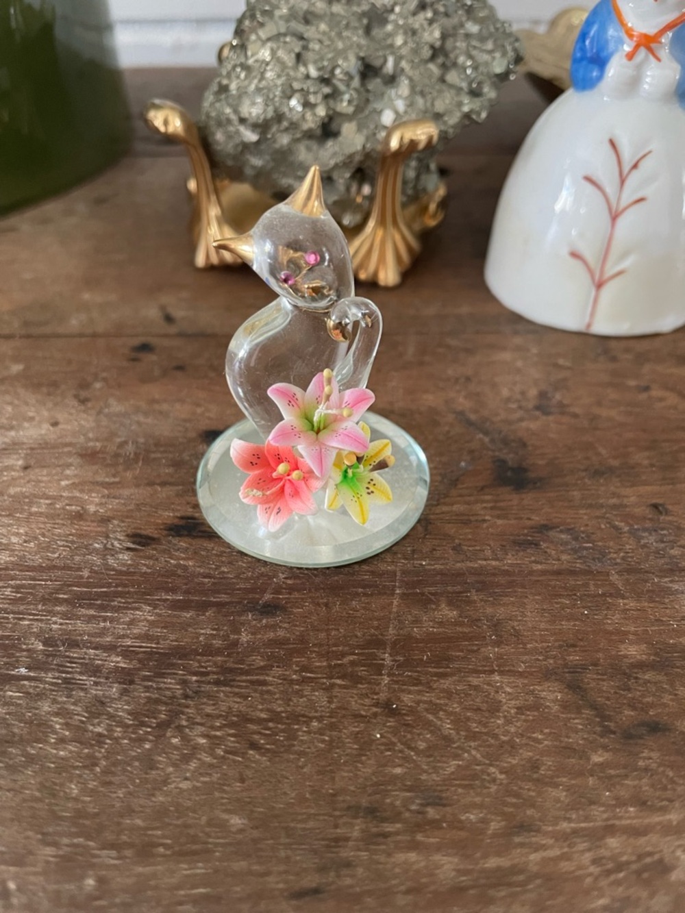 Vintage Glass Baron Cat Lily Figurine Swarovski Crystal 90s